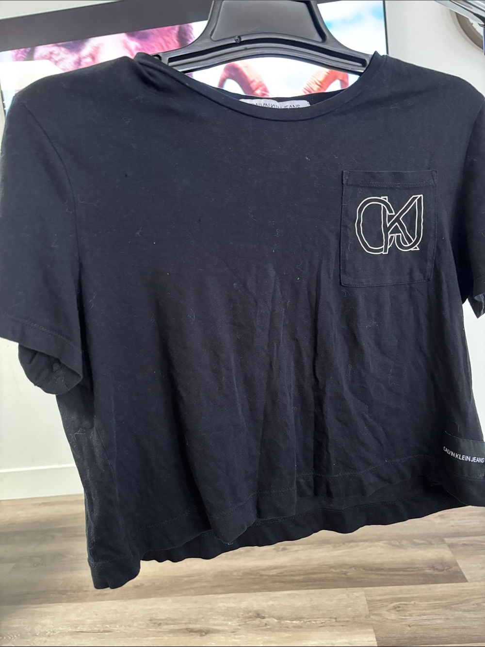 Calvin Klein Jeans juniors Black Short-Sleeve Pocket Tee with White CKJ Logo